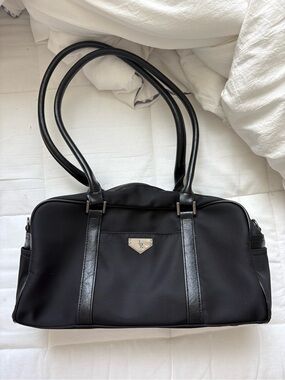Black Nylon Shoulder Tote with Leather Trim